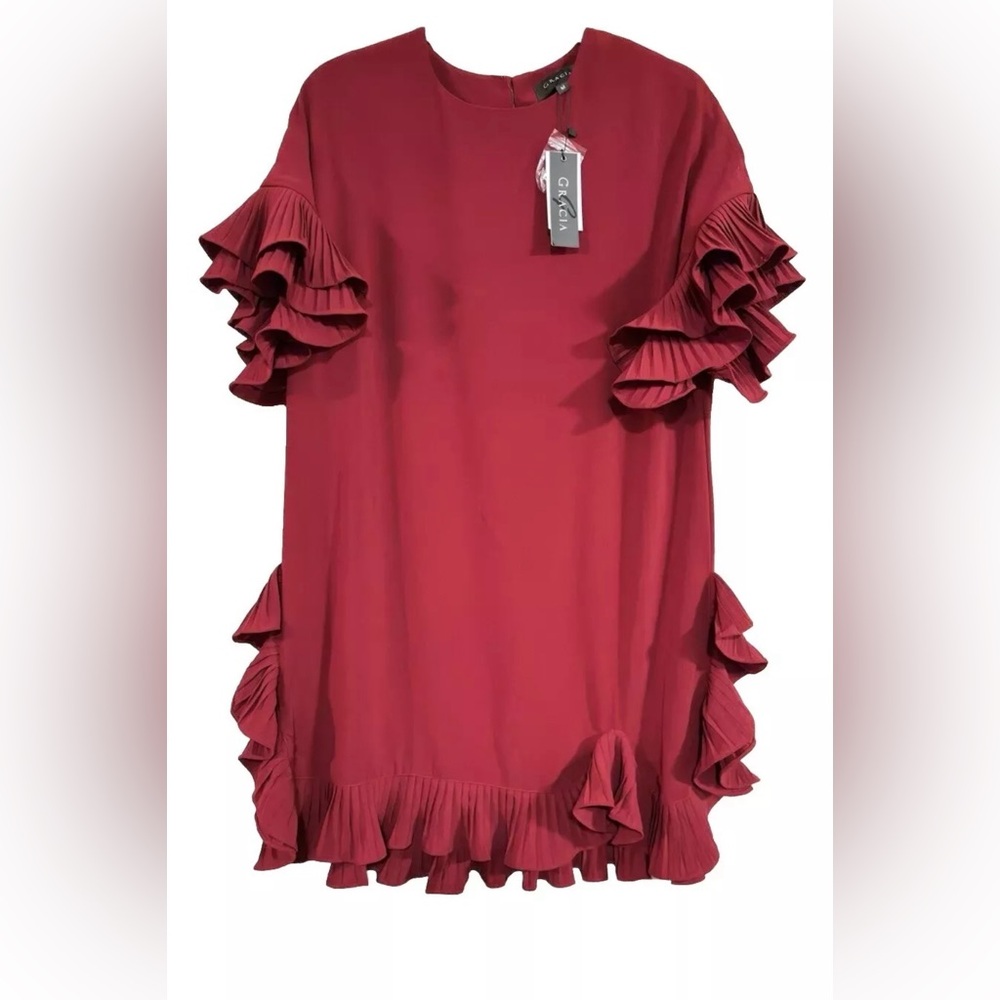 NWT GRACIA Red Ruffled Dress Women's US Size M
